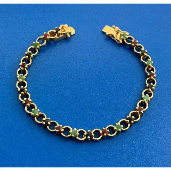 Designer 925 Sterling Silver Vermeil Sapphire Ruby Emerald Tennis Bracelet